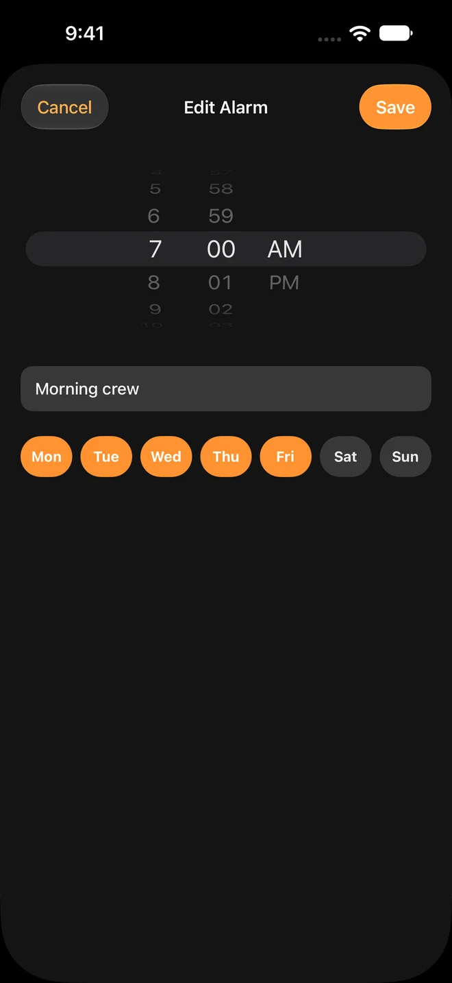 Actual iOS screen · time and repeat-day settings