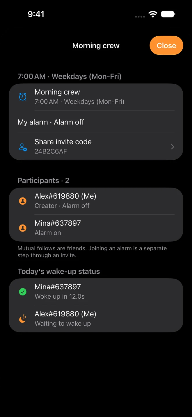 Actual iOS screen · example records from a test Crew